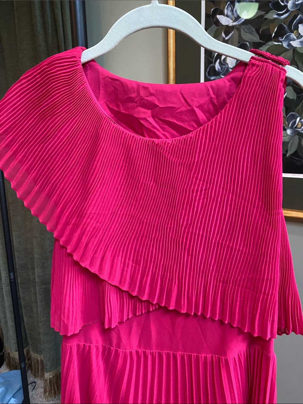 NWT Club Monaco Pleated One-Shoulder Maxi Dress - Hot Pink/Open Back - Picture 2 of 8